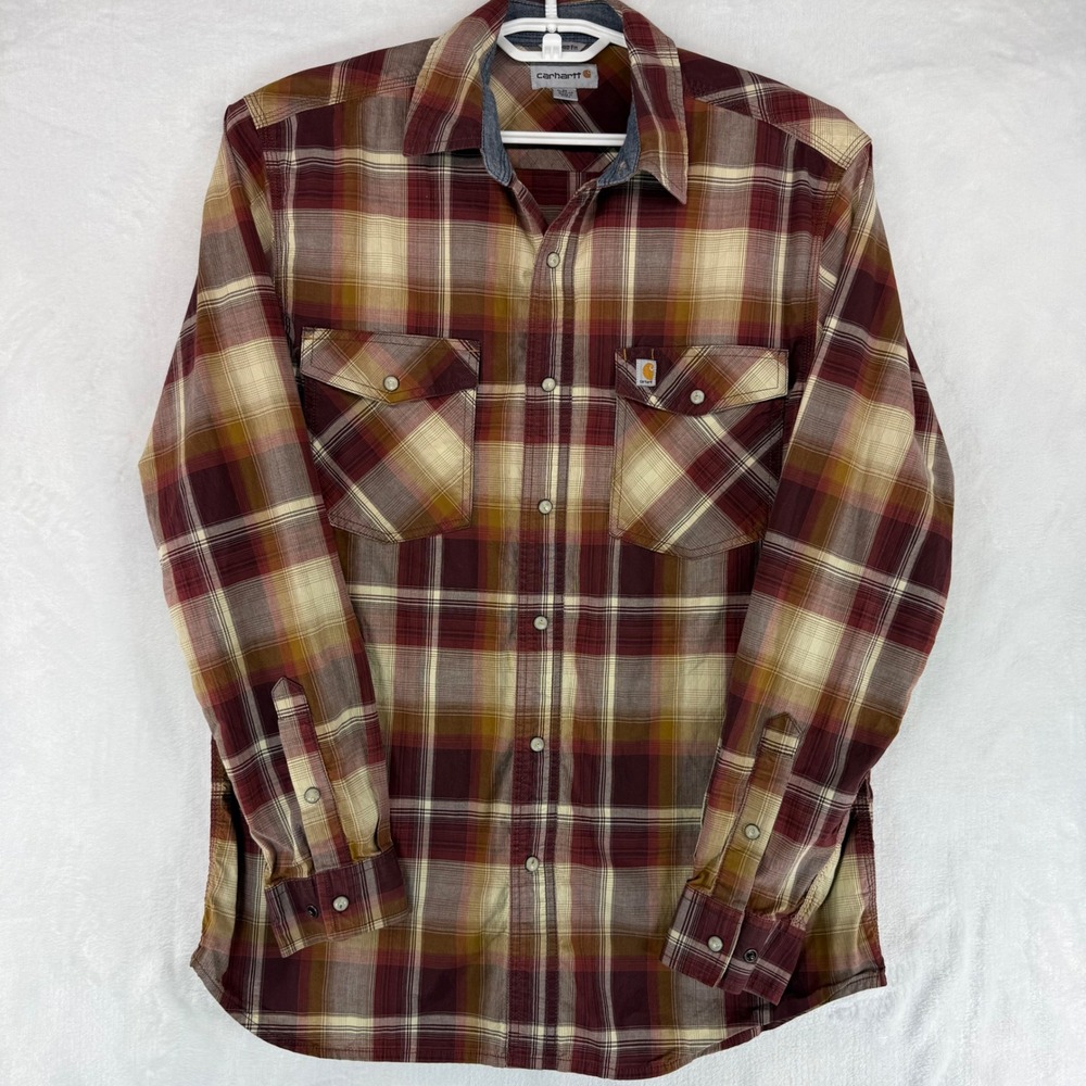 Carhartt Mens Relaxed Fit Plaid Snap Button Long Sleeve Shirt Burgundy Tan M